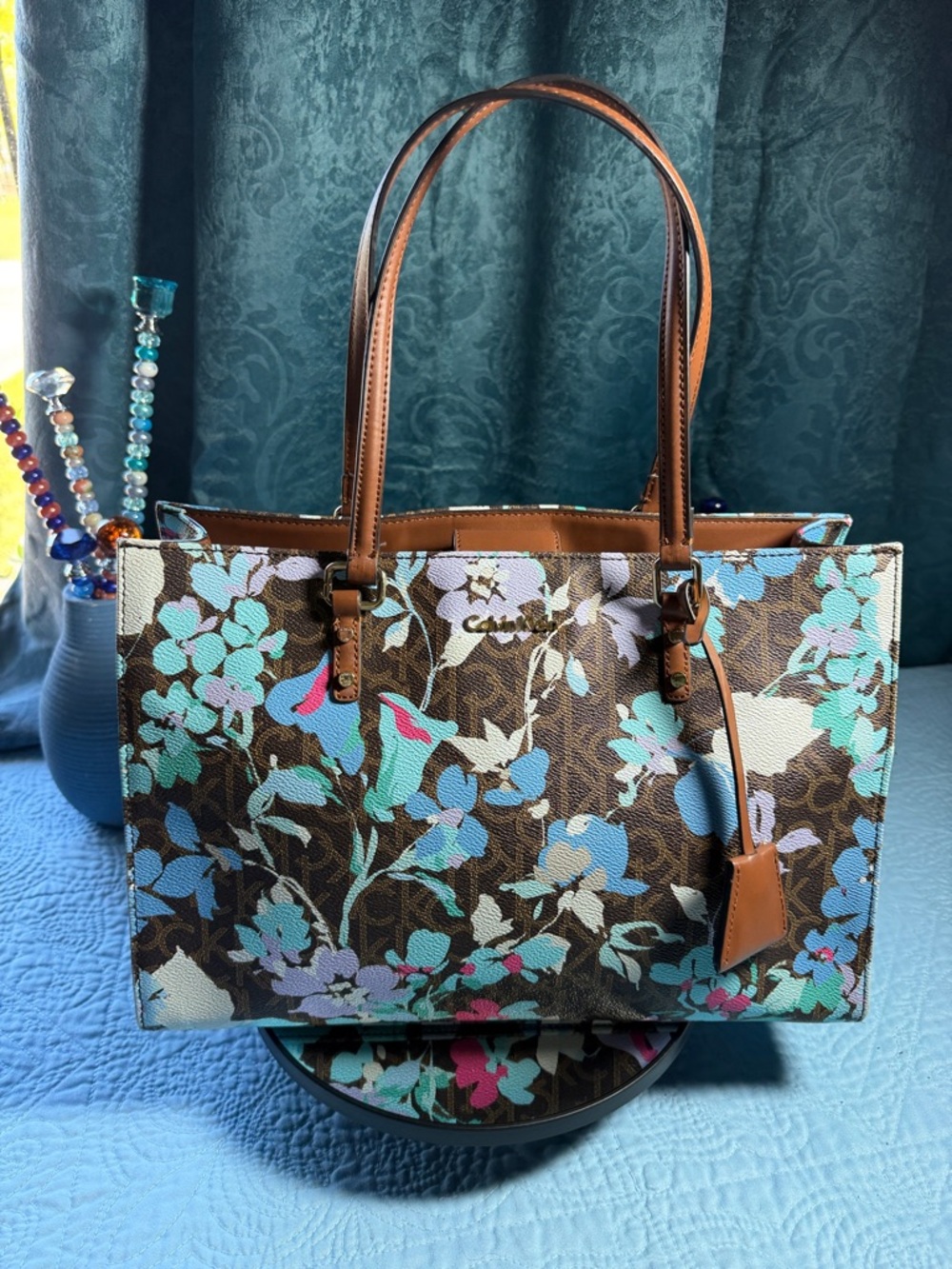 Calvin Klein Brown Floral Canvas Tote with Aqua and Light Blue Accents 13x9 - Picture 8 of 12